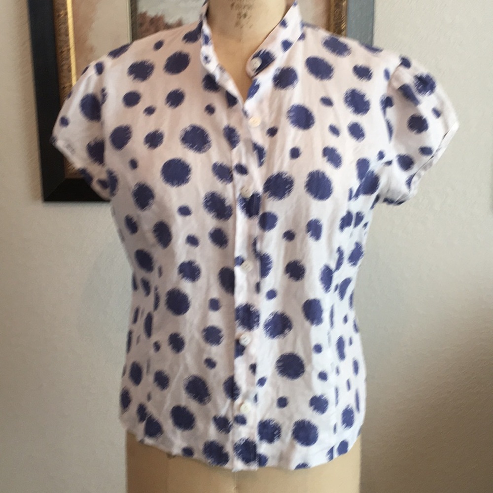 PUC White linen blouse with blue circles